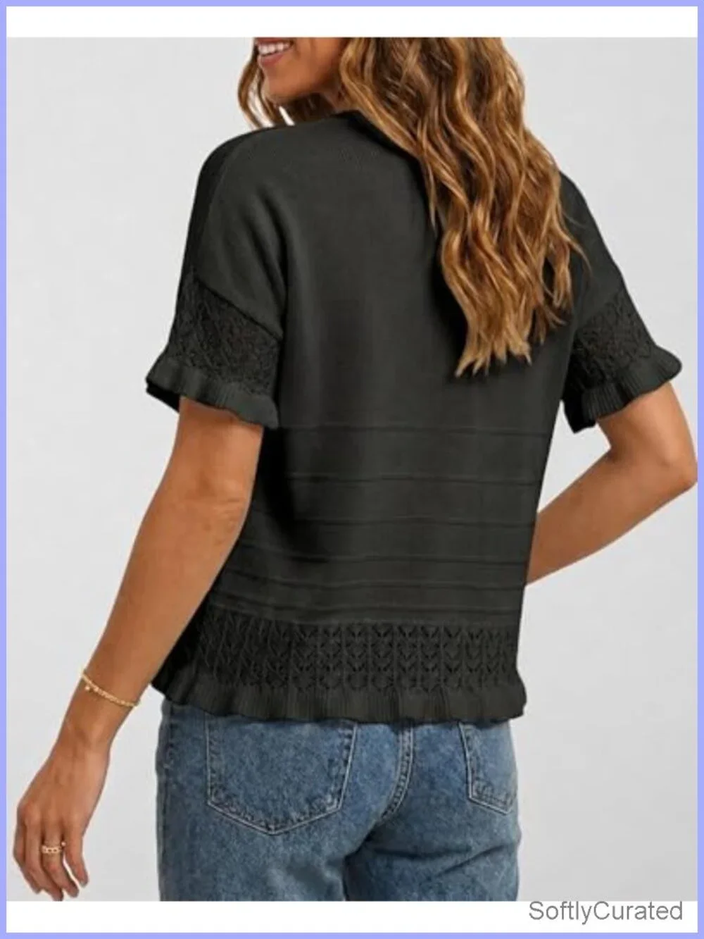 Crochet Peplum Ruffled Short Sleeve Cardigan V-Neck Button Down Blouse